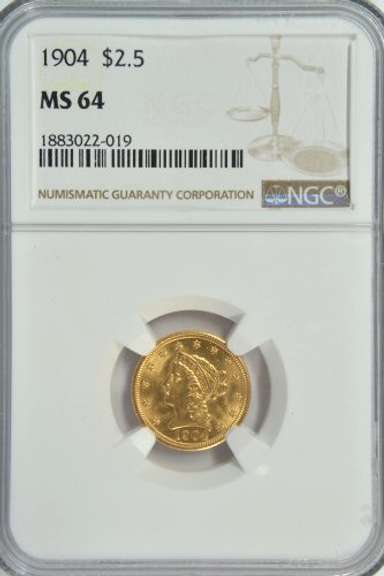 Virtual Gem BU 1904 US $2.50 Liberty Gold. NGC MS64