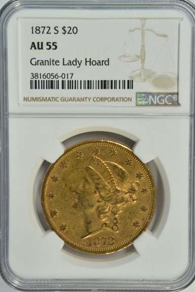 Scarce Near BU 1872-S $20 Liberty Gold Piece. NGC AU55