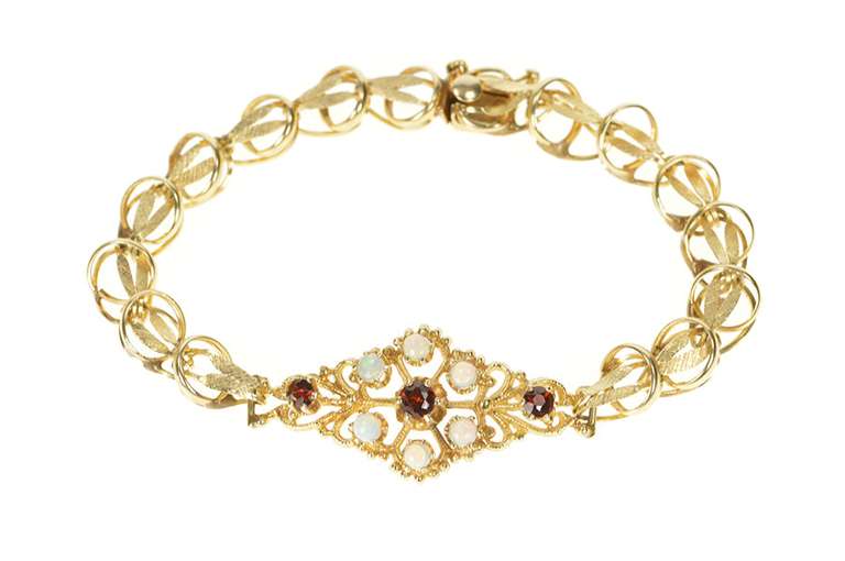 14K Yellow Gold Retro Ornate Opal Garnet Cluster Statement Bracelet