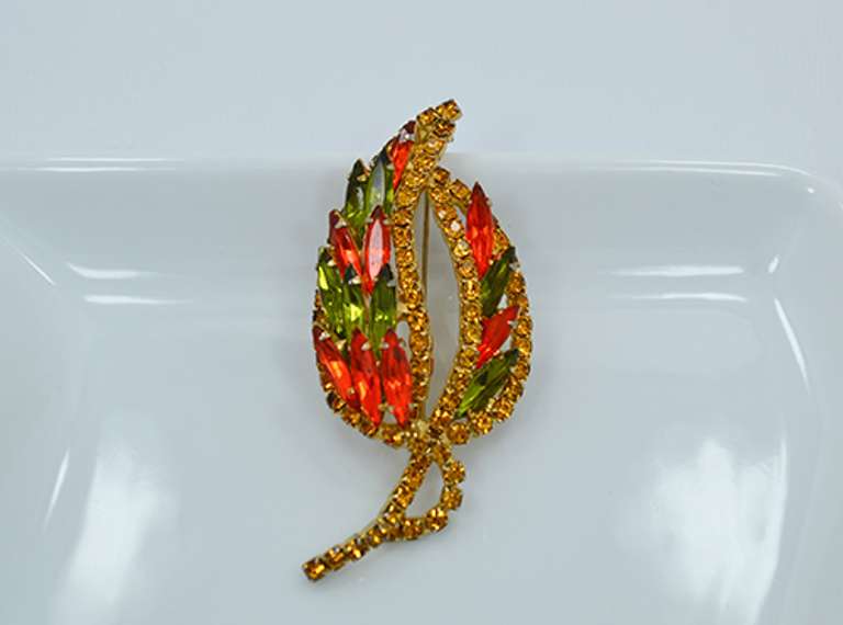 Vintage Leaf Shaped Brooch with Orange and Green Rhinestones