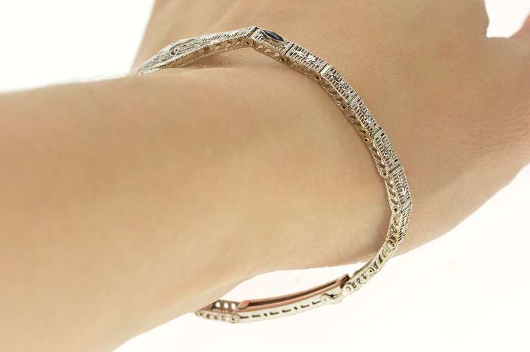 10K White Gold Diamond Syn. Sapphire Ornate Art Deco Bracelet