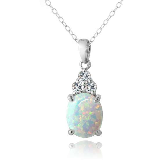 Sterling Silver Created White Opal & White Sapphire Oval Necklace