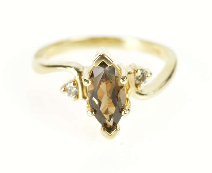 14K Yellow Gold Marquise Smoky Quartz Diamond Bypass Ring