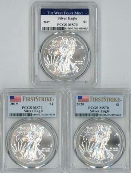 3 Diff. PCGS MS70 graded Silver Eagles-2017, 2019, 2020