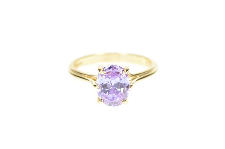 10K Yellow Gold Purple Cubic Zirconia Solitaire Statement Ring