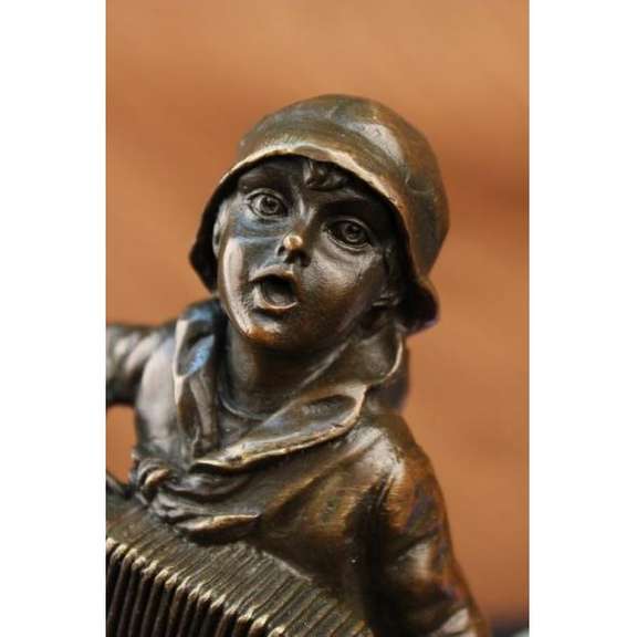 Boy with Accordion Bronze Sculpture Statue on Marble Base