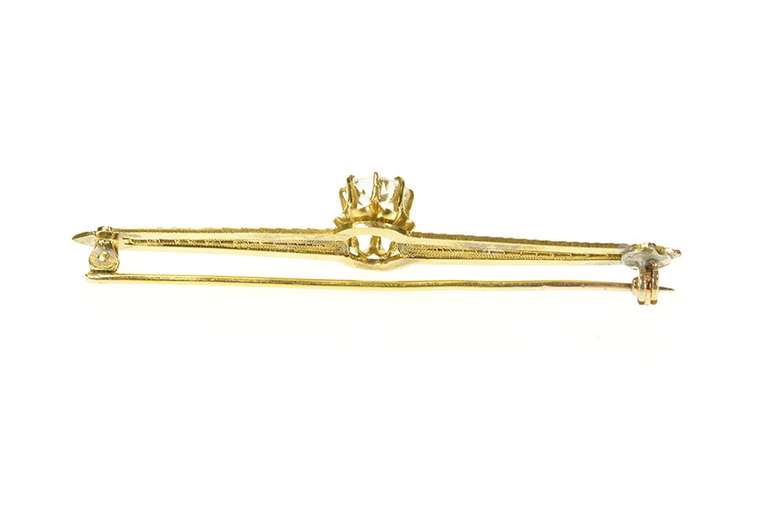 14K Yellow Gold Victorian Cushion Solitaire Ornate Bar Pin/Brooch