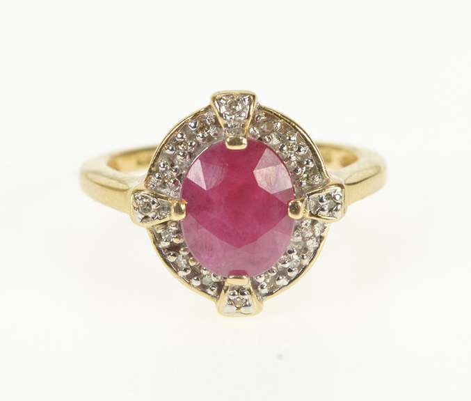 14K Yellow Gold Oval Natural Ruby Diamond Halo Engagement Ring