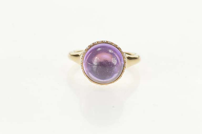18K Yellow Gold Round Amethyst Cabochon Diamond Designer Ring
