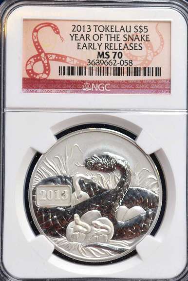 2013 Tokelau S$5 Year Of The Snake ER NGC MS70