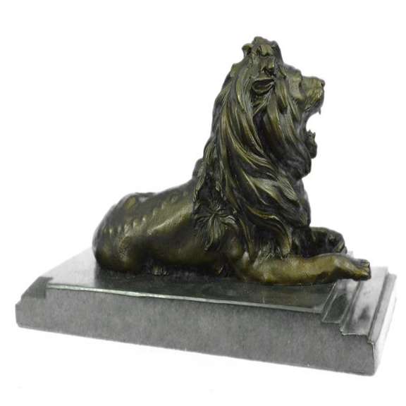African Lion Roaring Bronze Sculpture on Marble Base Statue