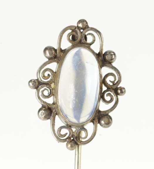 Sterling Silver Oval Moonstone Scroll Swirl Filigree Stick Pin