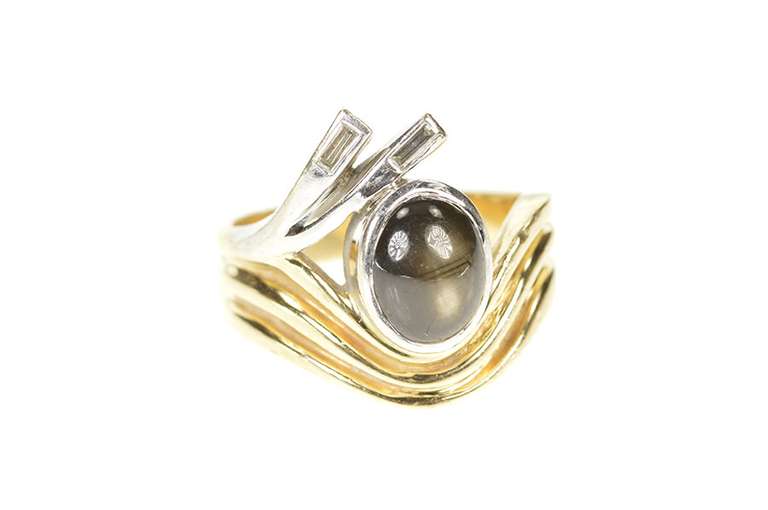 14K Yellow Gold Two Tone Retro Black Star Sapphire Diamond Ring