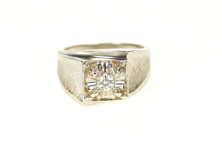 14K White Gold Men's 0.18 Ct Diamond Squared 1960's Wedding Ring