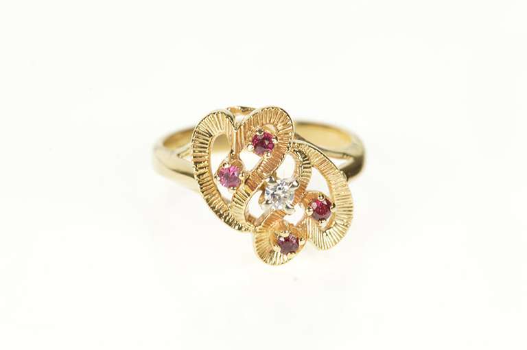10K Yellow Gold Retro Ruby Diamond Wavy Heart Statement Ring