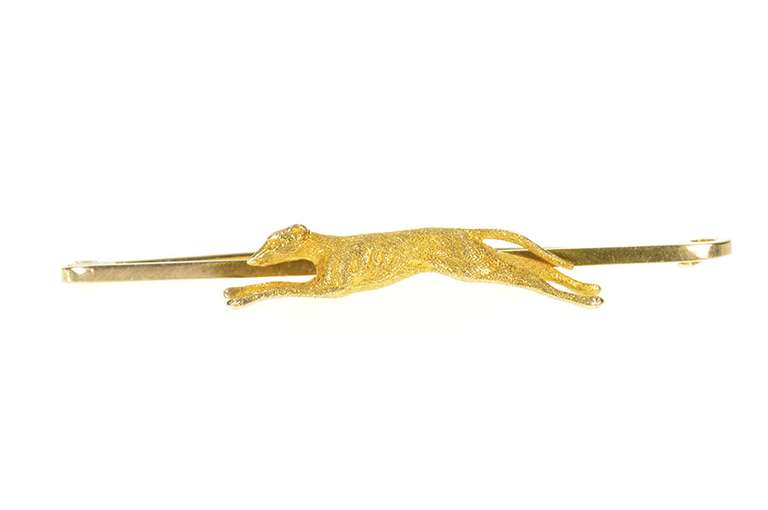 9K Yellow Gold Greyhound Racing Dog Breed Ornate Bar Pin/Brooch