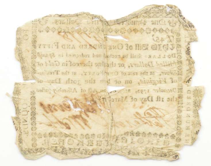 1792 Colonial Virginia 150 Dollars Spanish Milled Note