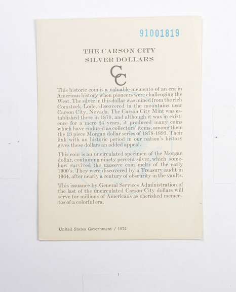 Carson City GSA 1891 Morgan Silver Dollar COA Card