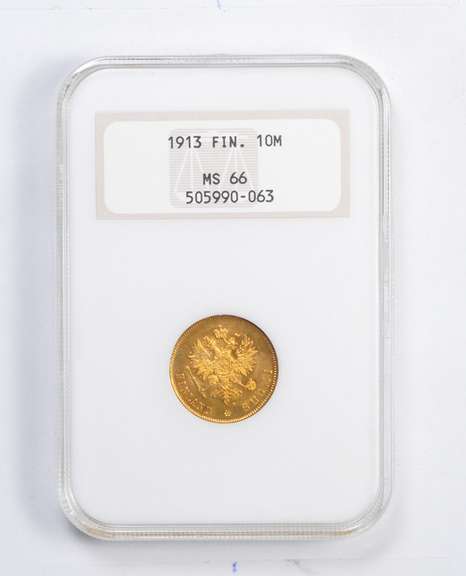 MS66 1913 Finland 10 Markkaa Gold Coin - Graded NGC