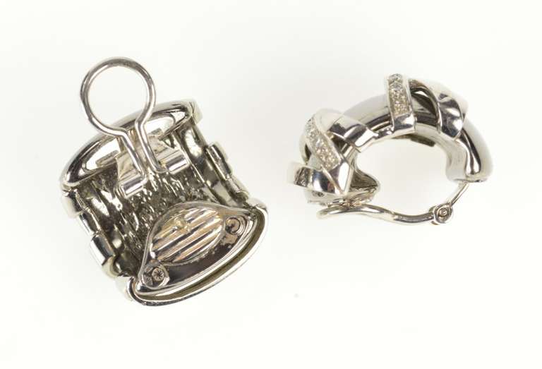 18K White Gold Two Tone X Pattern Criss Cross Statement Clip Earrings