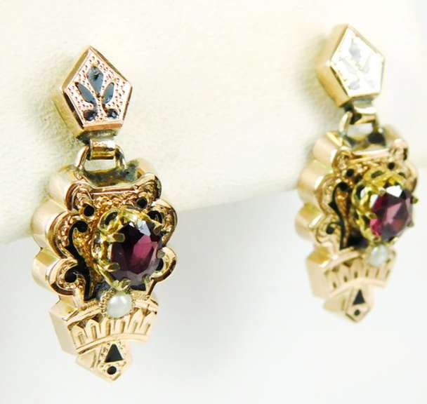 Victorian 14K Gold Garnet & Pearl Earrings