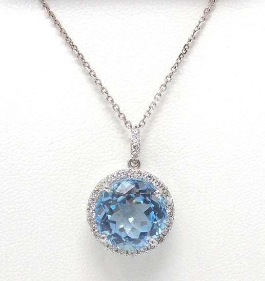 Powerful White Gold Blue Topaz w Diamond Necklace