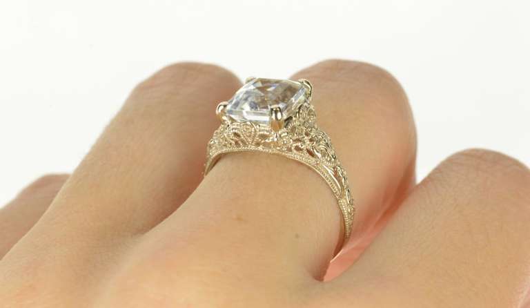 14K White Gold Blue Topaz Art Deco Filigree Statement Ring