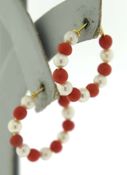 Lovely Yellow Gold Coral & Pearl Hoop Earrings