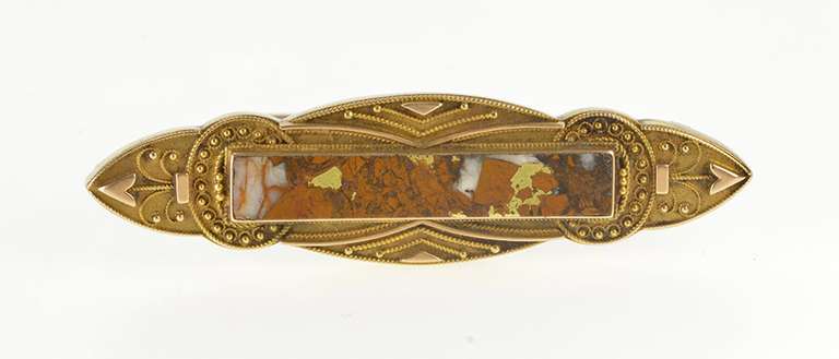14K Yellow Gold Ornate Jasper Inset Milgrain Decorative Bar Pin/Brooch