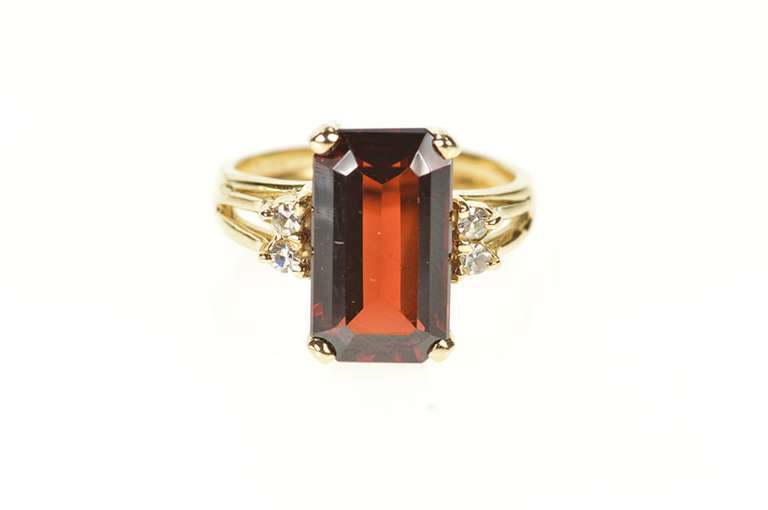 14K Yellow Gold Emerald Cut Garnet Diamond Accent Cocktail Ring