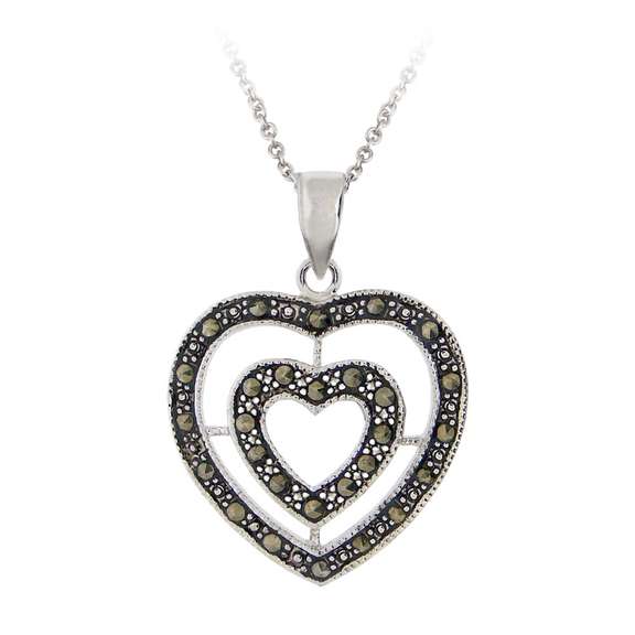 Sterling Silver Marcasite Double Heart Pendant