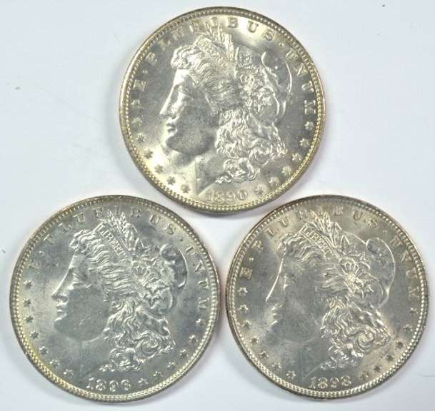 3 Diff. flashy-white BU Morgan Silver Dollars