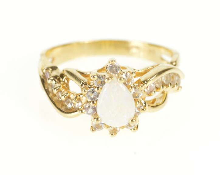 14K Yellow Gold Pear Opal Cubic Zirconia Statement Wavy Ring