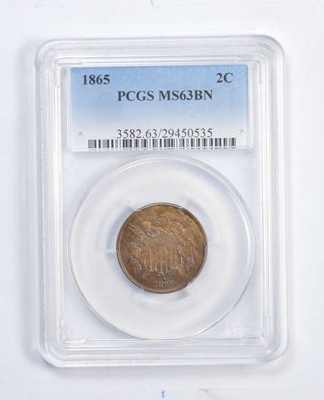 MS63 BN 1865 Union Shield Two Cent Piece - Graded PCGS