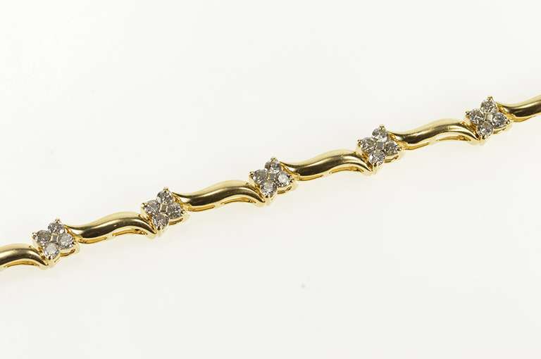 14K Yellow Gold 1.56 Ctw Floral Diamond Cluster Wavy Tennis Bracelet