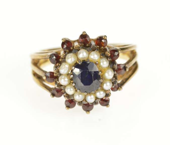 14K Yellow Gold Retro Sapphire Garnet Seed Pearl Halo Cocktail Ring