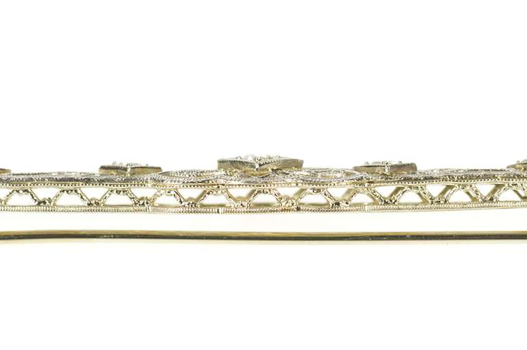 14K White Gold Art Deco Geometric Filigree Diamond Bar Pin/Brooch