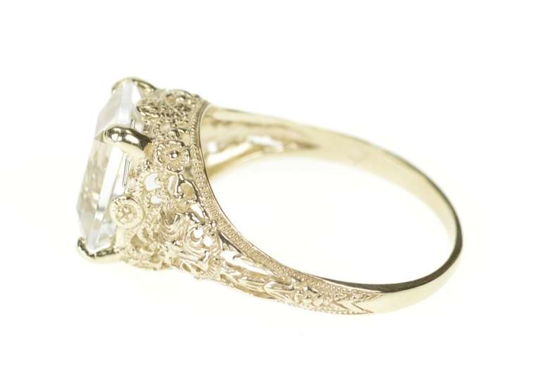 14K White Gold Blue Topaz Art Deco Filigree Statement Ring