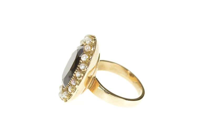 18K Yellow Gold Victorian Oval Smoky Quartz Pearl Halo Cocktail Ring