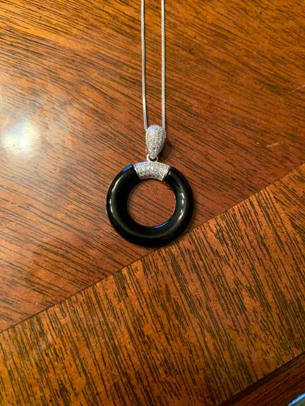 Sterling Silver Black Circle Pendant Necklace with White Gemstones
