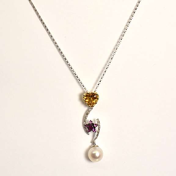 Classy Citrine, Diamond, & Pearl Pendant Necklace