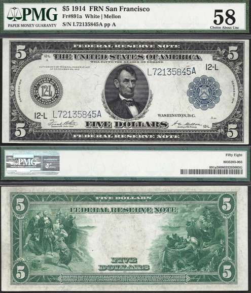 $5 1914 FRN Large Blue Seal San Francisco PMG CH. AU 58