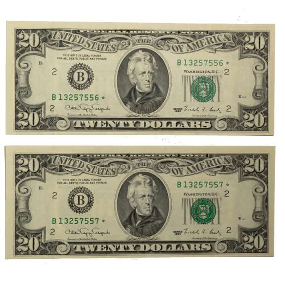 2 CR CU 1990 $20 FRN Star Notes