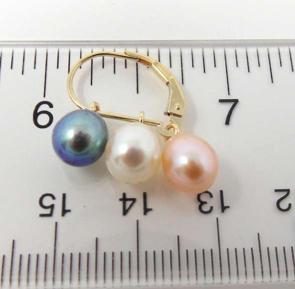 Fabulous 14kt YG 3-Pearl Dangle Lever Back Earrings