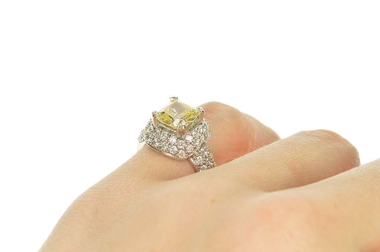 14K White Gold Cushion Yellow Pave Halo Travel Engagement Ring