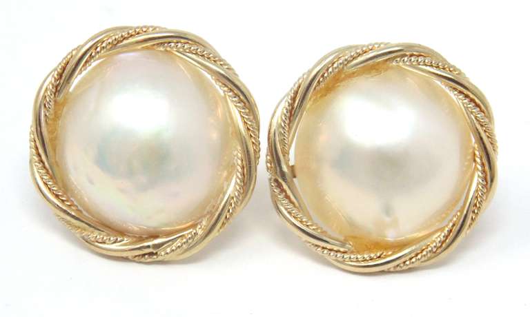 Elegant Yellow Gold Mabe Pearl Rope Bezel Earrings