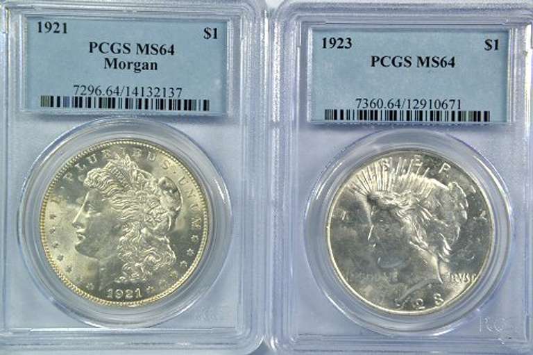 PCGS MS64 graded 1921 Morgan & 1923 Peace Silver Dollar