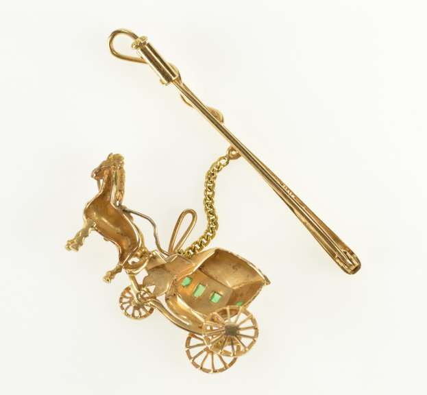 18K Yellow Gold Victorian Emerald Horse Drawn Carriage Bar Pin/Brooch