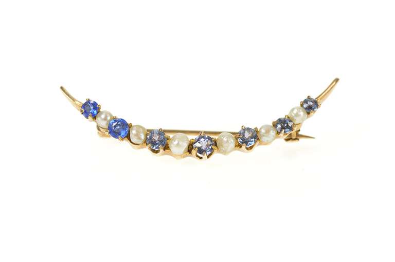 10K Yellow Gold Victorian Pearl Syn. Sapphire Crescent Moon Pin/Brooch