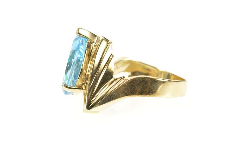 10K Yellow Gold Pear Blue Topaz Diamond Geometric Statement Ring